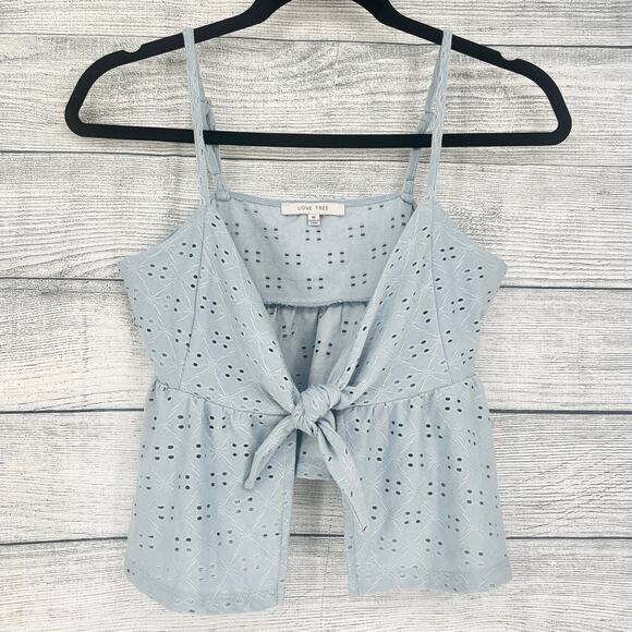Love Tree Sky Blue Open Tie Front Cropped Eyelet Lace Cami Size M - Picture 1 of 4